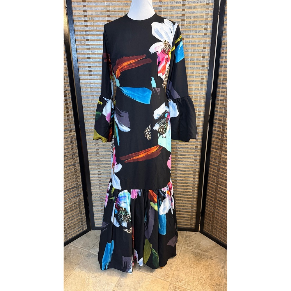 Annah Hariri Maxi Dress Women 10 Black Floral Abstract Animal Print Modest